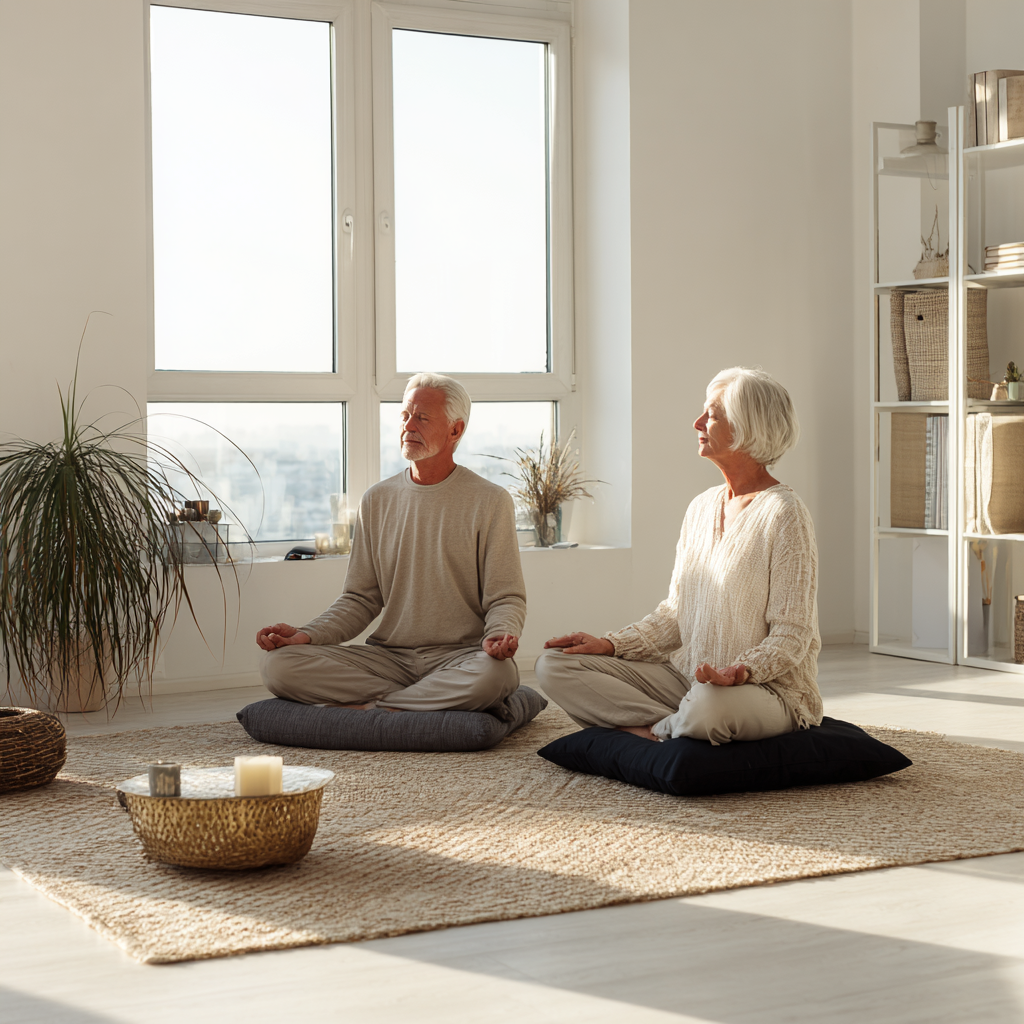 serene meditation space with older adults sitting in comfortable poses